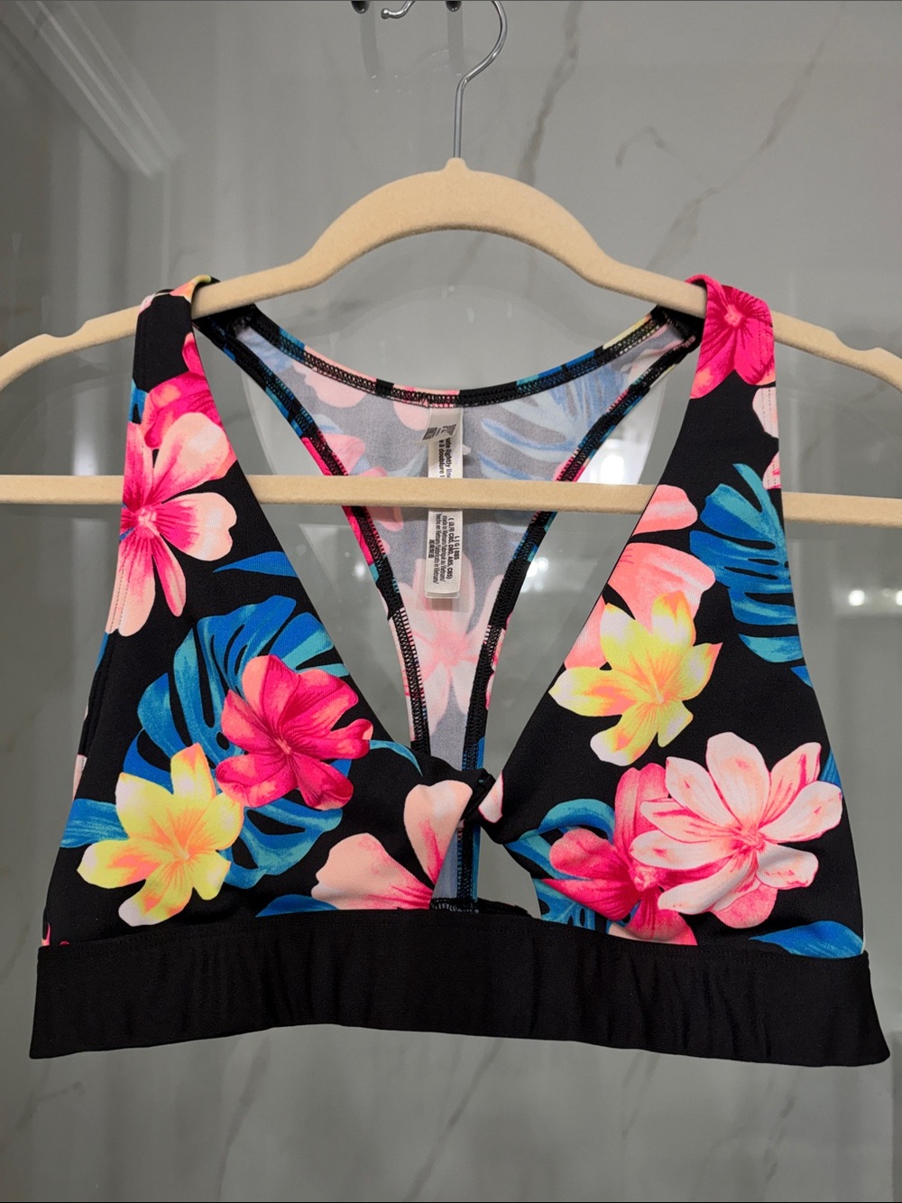 PINK Floral Knot Front Halter sports or swim bra- Black/Pink